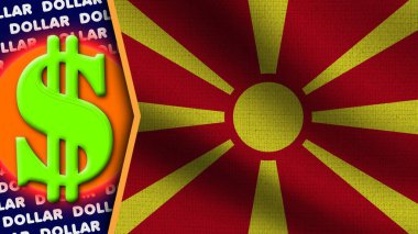 Makedonya Gerçekçi Dalgalı Bayrak, Dolar Logosu ve Başlıkları, Çember Neon Etkisi Kumaş Dokusu 3D Görüntü