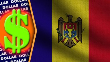 Moldova Gerçekçi Dalgalı Bayrak, Dolar Logosu ve Başlıkları, Çember Neon Etkisi Kumaş Dokusunu 3D Resmetme