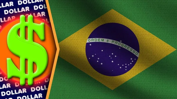 Brasilien Realistisk Vågig Flagga Dollar Logo Och Titlar Circle Neon — Stockfoto