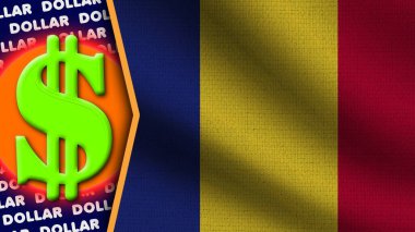 Romanya Gerçekçi Dalgalı Bayrak, Dolar Logosu ve Başlıkları, Çember Neon Etkisi Kumaş Dokusu 3D Görüntü