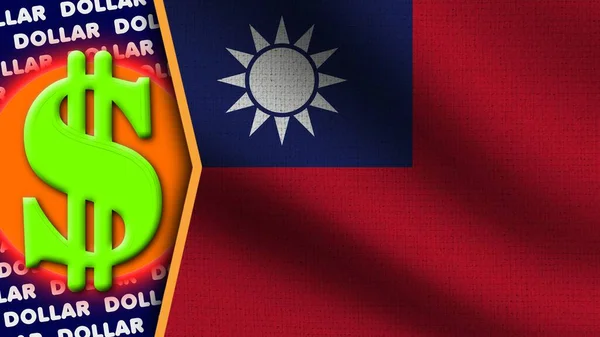 Tayvan Gerçekçi Dalgalı Bayrağı, Dolar Logosu ve Başlıkları, Çember Neon Etkisi Kumaş Dokusu 3D Görüntü