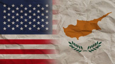 Kıbrıs Rum Kesimi ve ABD Bayrakları Birlikte, Buruşuk Kağıt Efekti Arkaplan 3D Görüntü