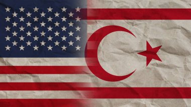 Kıbrıs Rum Kesimi ve ABD Bayrakları Birlikte, Buruşuk Kağıt Efekti Arkaplan 3D Görüntü