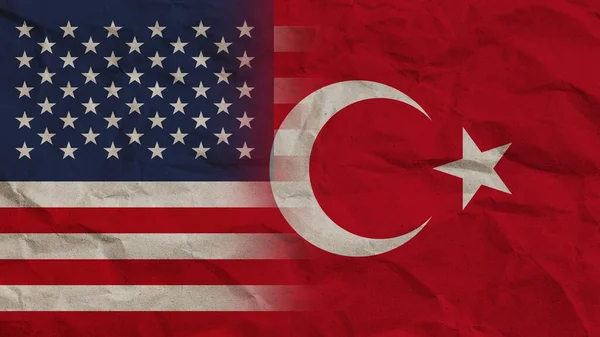 Törökország Amerikai Egyesült Államok Zászlók Együtt Gyűrött Papír Hatás Háttér — Stock Fotó