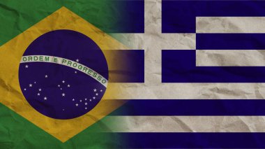 Yunanistan ve Brasil Bayrakları Birlikte, Buruşuk Kağıt Efekti Arkaplan 3D Görüntü