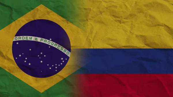 Colombia Brazilië Vlaggen Samen Verfrommeld Papier Effect Achtergrond Illustratie — Stockfoto