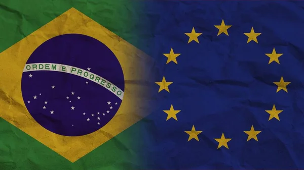 European Union Brasil Flags Together Crumpled Paper Effect Background Illustration — 图库照片