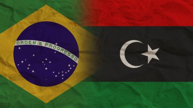Libya ve Brasil Bayrakları Birlikte, Buruşuk Kağıt Efekti Arkaplan 3D Görüntü