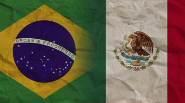 Meksika ve Brezilya Bayrakları Birlikte, Buruşuk Kağıt Efekti Arkaplan 3D Görüntü