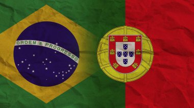 Portekiz ve Brezilya Bayrakları Birlikte, Buruşuk Kağıt Efekti Arkaplan 3D Görüntü