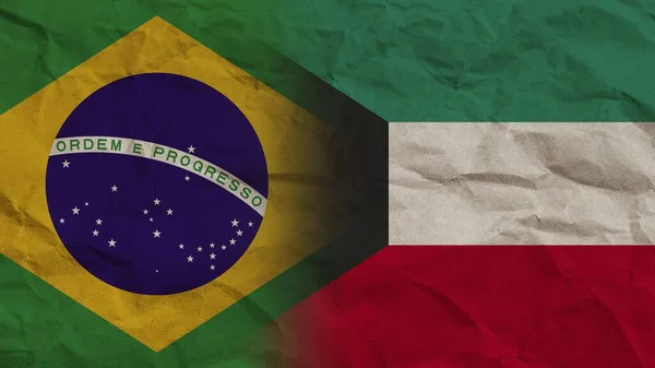 Koeweit Brazilië Vlaggen Samen Verfrommeld Papier Effect Achtergrond Illustratie — Stockfoto