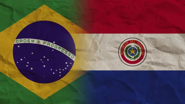 Paraguay Brazília Zászlók Együtt Gyűrött Papír Hatás Háttér Illusztráció — Stock Fotó