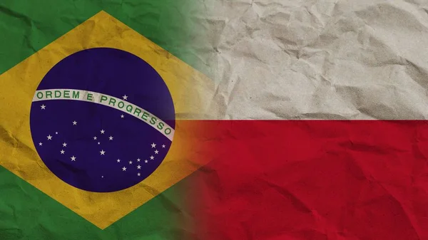 Polen Brazilië Vlaggen Samen Verfrommeld Papiereffect Achtergrond Illustratie — Stockfoto