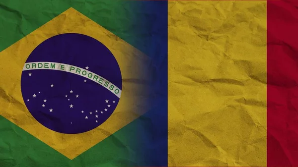 Banderas Rumanía Brasil Juntas Fondo Efecto Papel Arrugado Ilustración —  Fotos de Stock