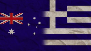 Yunanistan ve Avustralya Bayrakları Birlikte, Buruşuk Kağıt Efekti Arkaplan 3B Görüntü
