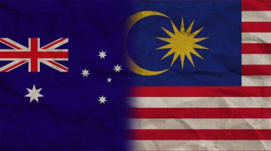 Malezya ve Avustralya Bayrakları Birlikte, Buruşuk Kağıt Efekti Arkaplan 3D İllüstrasyon