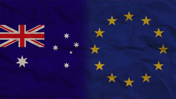 Evropská Unie Austrálie Vlajky Společně Zmačkaný Papír Efekt Pozadí Ilustrace — Stock fotografie