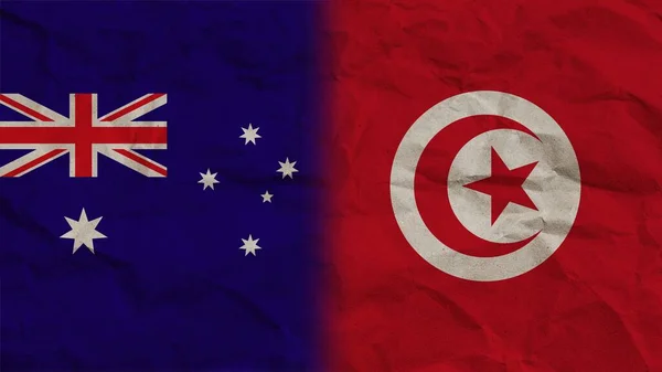 Tunézia Ausztrália Zászlók Együtt Gyűrött Papír Hatás Háttér Illusztráció — Stock Fotó