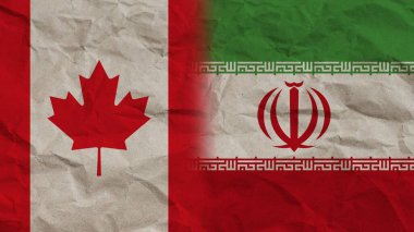 İran ve Kanada Bayrakları Birlikte, Buruşuk Kağıt Efekti Arkaplan 3D İllüstrasyon