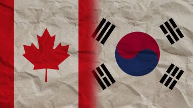 Güney Kore ve Kanada Bayrakları Birlikte, Buruşuk Kağıt Efekti Arkaplan 3D Görüntü