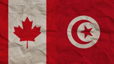 Tunus ve Kanada Bayrakları Birlikte, Buruşuk Kağıt Efekti Arkaplan 3D Görüntü