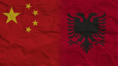 Arnavutluk ve Çin, Kırışık Kağıt Efekti Arkaplan 3 Boyutlu İllüstrasyonda Birlikte Bayraklar