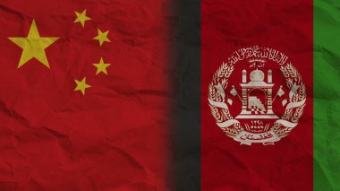 Afganistan ve Çin Birlikte Bayraklar, Buruşuk Kağıt Efekti Arkaplan 3D İllüstrasyon