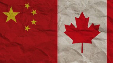 Kanada ve Çin Bayrakları Birlikte, Buruşuk Kağıt Efekti Arkaplan 3D Görüntü