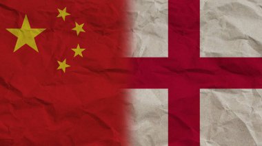 İngiltere ve Çin Birlikte Bayraklar, Buruşuk Kağıt Efekti Arkaplan 3D İllüstrasyon