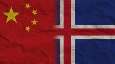 İzlanda ve Çin Bayrakları Birlikte, Buruşuk Kağıt Efekti Arkaplan 3D Görüntü