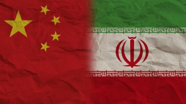 İran ve Çin Birlikte Bayraklar, Buruşuk Kağıt Efekti Arkaplan 3D Görüntü