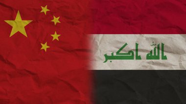 Irak ve Çin Bayrakları Birlikte, Buruşuk Kağıt Efekti Arkaplan 3D Görüntü
