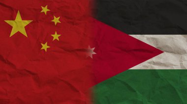 Ürdün ve Çin Bayrakları Birlikte, Buruşuk Kağıt Efekti Arkaplan 3D Görüntü