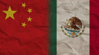 Meksika ve Çin Birlikte Bayraklar, Buruşuk Kağıt Efekti Arkaplan 3D İllüstrasyon