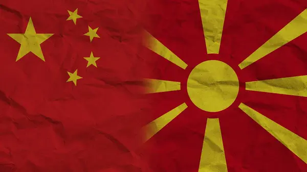 Macedónia Kína Zászlók Együtt Gyűrött Papír Hatás Háttér Illusztráció — Stock Fotó