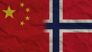 Norveç ve Çin Bayrakları Birlikte, Buruşuk Kağıt Efekti Arkaplan 3D Görüntü