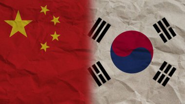Güney Kore ve Çin Bayrakları Birlikte, Buruşuk Kağıt Efekti Arkaplan 3D Görüntü