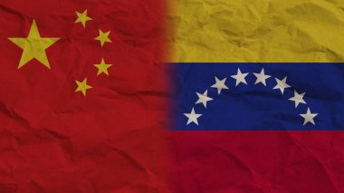 Venezuela ve Çin Bayrakları Birlikte, Buruşuk Kağıt Efekti Arkaplan 3D İllüstrasyon