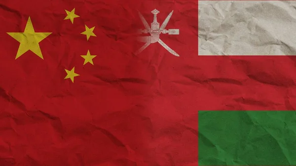 Oman Chine Drapeaux Ensemble Papier Froissé Effet Arrière Plan Illustration — Photo