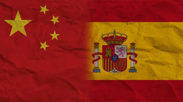 Spanyolország Kína Zászlók Együtt Gyűrött Papír Hatás Háttér Illusztráció — Stock Fotó