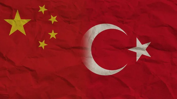 Bandeiras Turquia China Juntas Ilustração Fundo Efeito Papel Enrugado — Fotografia de Stock