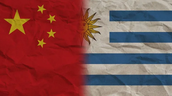 Uruguay China Vlaggen Samen Verfrommeld Papier Effect Achtergrond Illustratie — Stockfoto