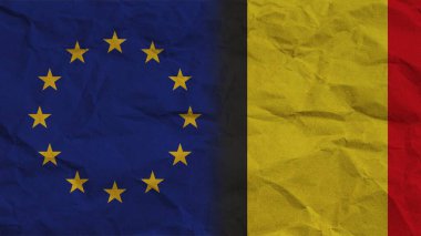 Belçika ve Avrupa Birliği Bayrakları Birlikte, Buruşuk Kağıt Efekti 3B Görüntü