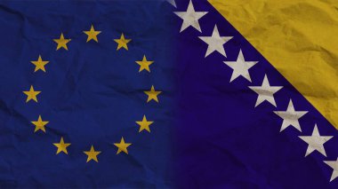 Bosna-Hersek ve Avrupa Birliği Bayrakları Birlikte, Kırışık Kağıt Efekti 3B Görüntü