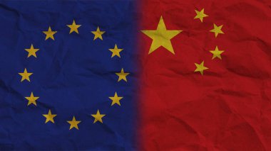Çin ve Avrupa Birliği Bayrakları Birlikte, Buruşuk Kağıt Efekti Arkaplan 3B Görüntü