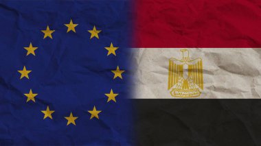 Mısır ve Avrupa Birliği Bayrakları Birlikte, Buruşuk Kağıt Efekti Arkaplan 3D İllüstrasyon