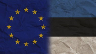 Estonya ve Avrupa Birliği Bayrakları Birlikte, Buruşuk Kağıt Efekti Arkaplan 3B Görüntü