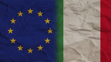 İtalya ve Avrupa Birliği Bayrakları Birlikte, Buruşuk Kağıt Efekti Arkaplan 3B Görüntü