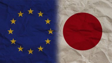 Japonya ve Avrupa Birliği Bayrakları Birlikte, Buruşuk Kağıt Efekti 3B Görüntü