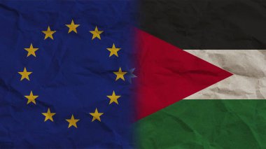 Ürdün ve Avrupa Birliği Bayrakları Birlikte, Buruşuk Kağıt Efekti Arkaplan 3B Görüntü